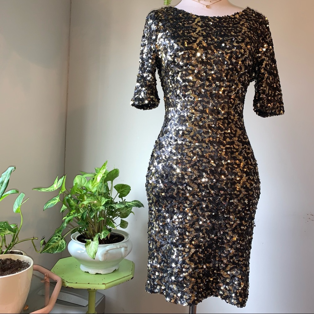Gianni Bini Fully Sequined Black Gold Mix Mini Dress New Years Homecoming Prom! - Picture 2 of 14